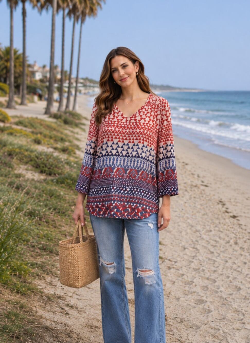 Lucky Brand Geo Print Tunic Blouse Red Quarter Sleeve V-Neck Loose Top Sz Large